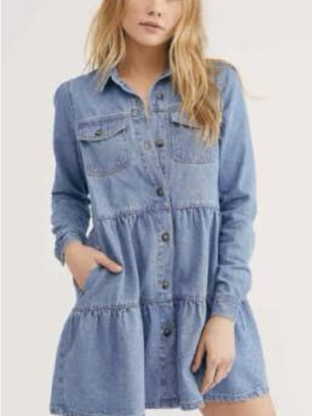 Free People Nicole Denim Tiered Shirt Dress Medium Washed Blue